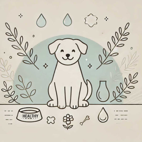 A calming illustration of a happy dog sitting peacefully in a minimalist wellness-themed setting, with subtle symbols like a small food bowl and leafy background, reflecting health and tranquillity for a dog-focused January wellness journey.