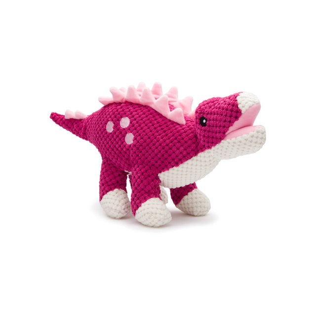 Pink stegosaurus plush dog toy with floppy limbs and five squeakers, perfect for interactive play and cuddles.