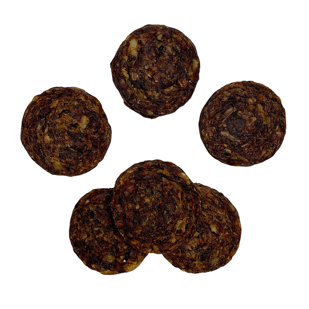 an aerial shot of beef burger treats for dogs