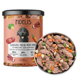 Fidelis Gently Cooked Beef Dog Food in a Glass Jar with a Freshly Served Bowl of Food – Grain-Free, Natural Dog Nutrition.