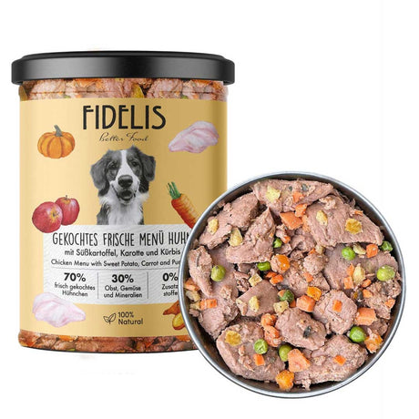 Fidelis Gently Cooked Chicken Dog Food in a Glass Jar with a Freshly Served Bowl – Grain-Free, Natural Nutrition for Dogs