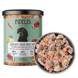 Fidelis Gently Cooked Duck Dog Food in a Glass Jar with a Freshly Served Bowl – Grain-Free, Natural Nutrition for Dogs.