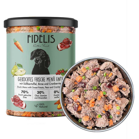 Fidelis Gently Cooked Duck Dog Food in a Glass Jar with a Freshly Served Bowl – Grain-Free, Natural Nutrition for Dogs.