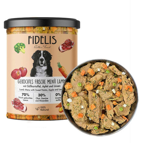 Fidelis Gently Cooked Lamb Dog Food in a Glass Jar with a Freshly Served Bowl – Grain-Free, Natural Nutrition for Dogs.