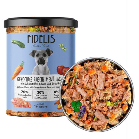 Fidelis Gently Cooked Salmon Dog Food in a Glass Jar with a Freshly Served Bowl – Grain-Free, Natural Nutrition for Dogs.