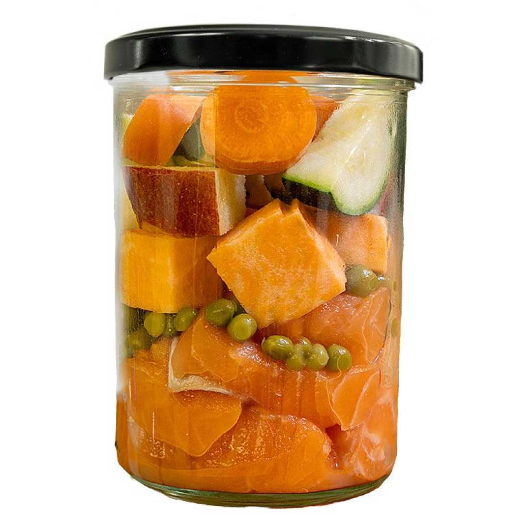 Raw Ingredients for Fidelis Gently Cooked Salmon Dog Food – Fresh Salmon, Sweet Potato, Carrots, Peas, Courgette, and Apples.