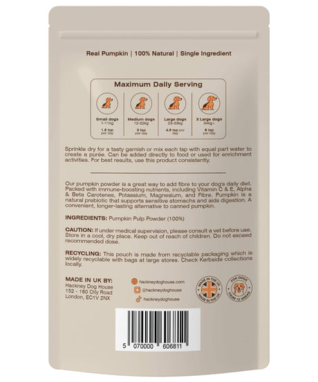 Packaging of human-grade pumpkin powder for dogs, showcasing its simple, one-ingredient recipe and high safety standards.