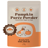 Pumpkin powder for dogs sprinkled over food, highlighting its use as a mess-free, high-fiber digestive supplement.